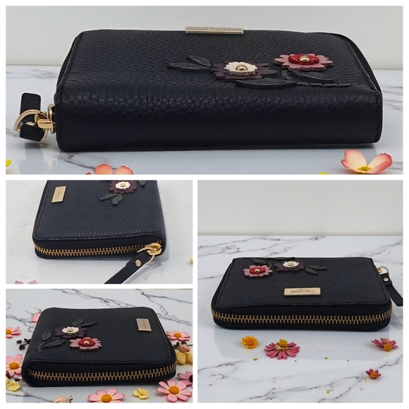 Kate Spade Laurel Way Darci Floral Appliqué Zip Wallet Black Pebbled Leather - Picture 11 of 16